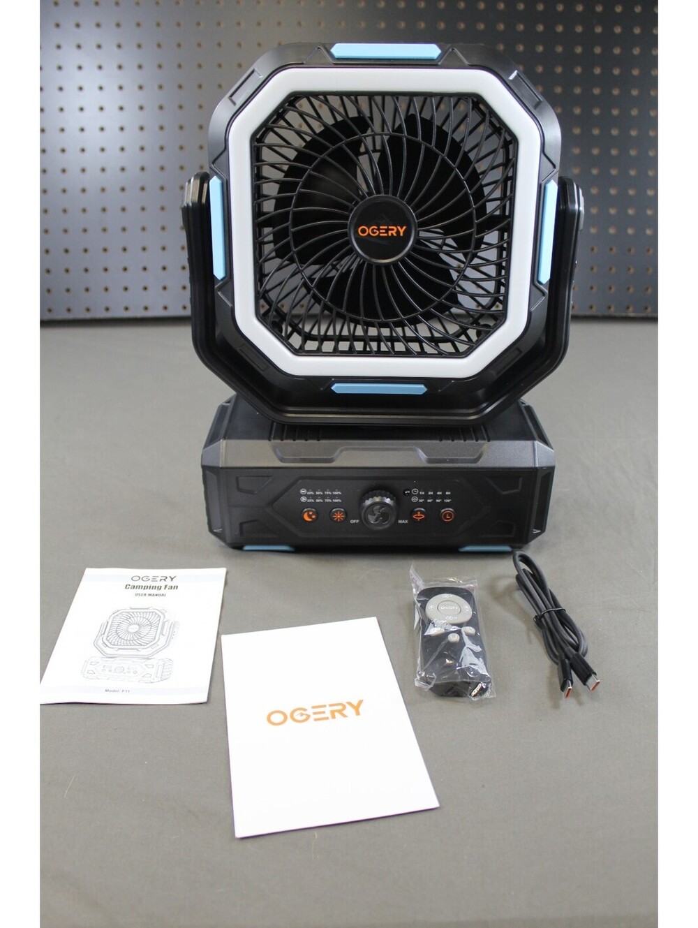 OGERY portable fan with base and remote black blue